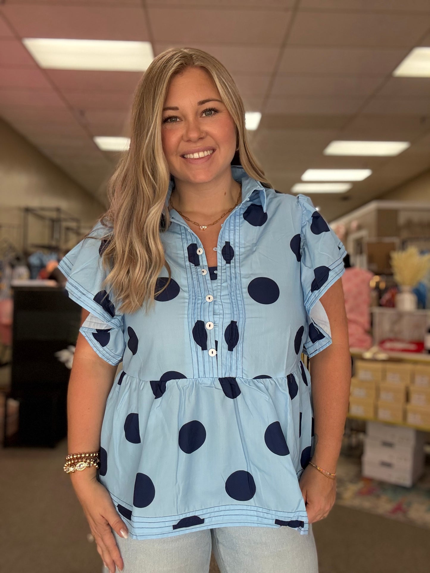 Sky Blue Polkadot Babydoll Top