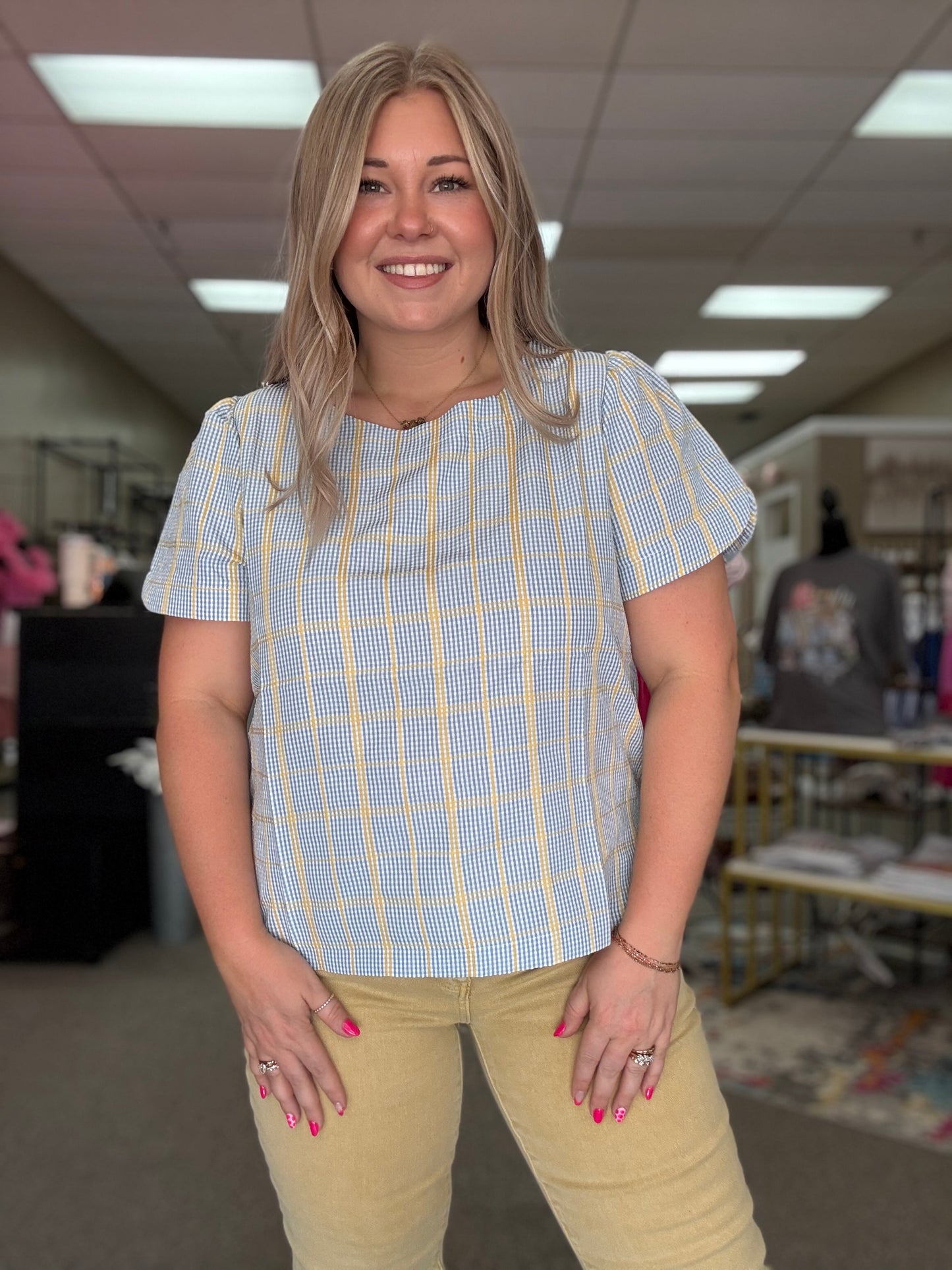 Relaxed Sleeve Plaid Top | Blue & Yellow