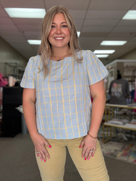 Relaxed Sleeve Plaid Top | Blue & Yellow