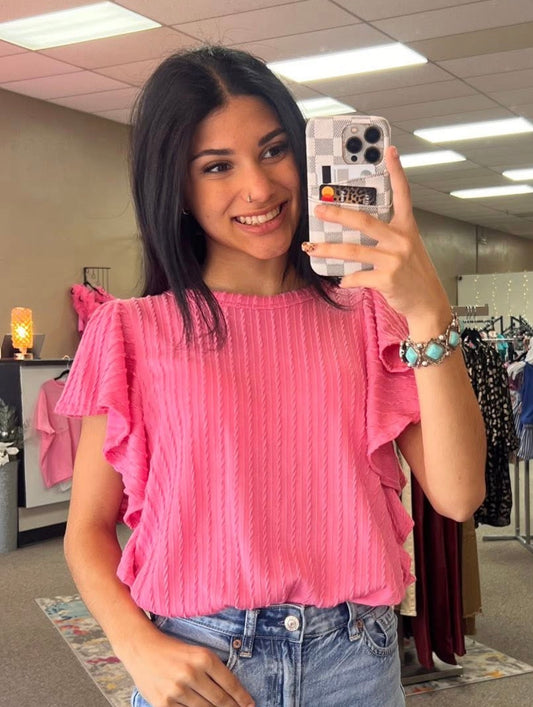 Jacquard Flutter Sleeve Top | Pink