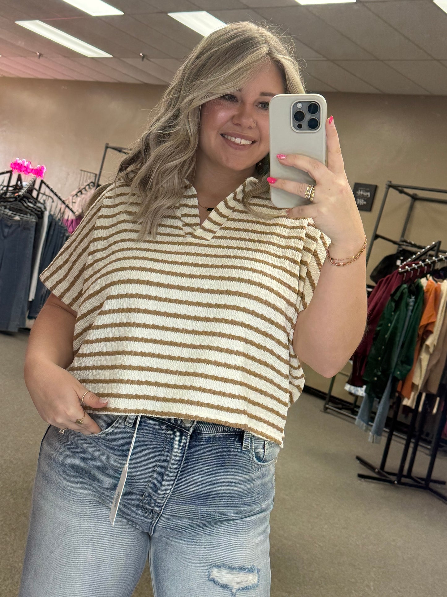 Striped Collared Top | Camel